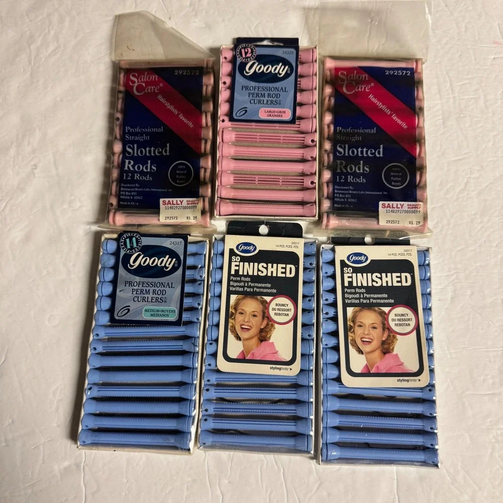 Vintage Goody Salon Care Perm Rods Curlers Pink Blue Slotted Straight 6 Packs